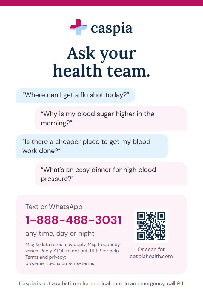 The Caspia tear-away notepad: Ask your health team, with example questions, the text number and a QR code